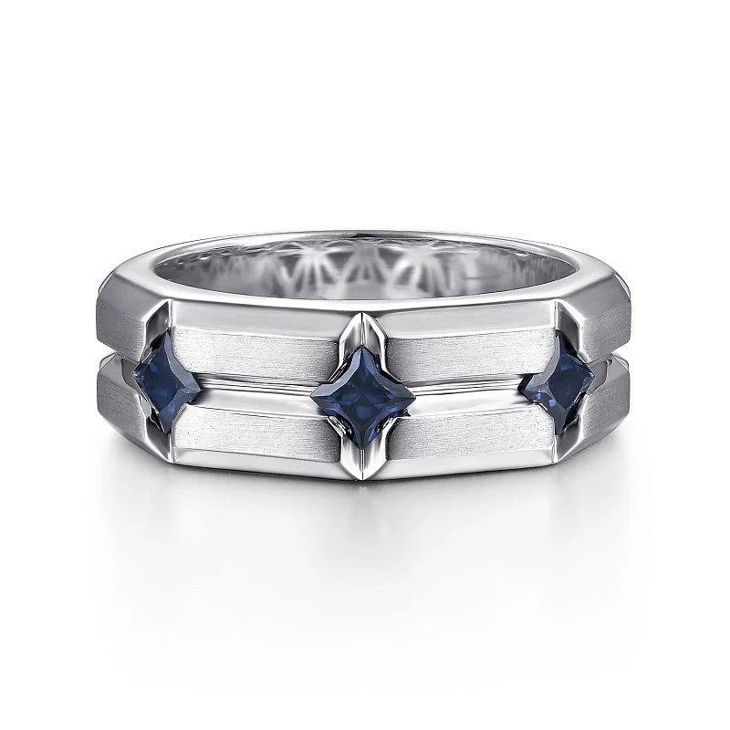 925 Sterling Silver Ring with Princess Cut Sapphire B quality Stations in Horizontal Brush Finish