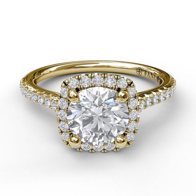 Delicate Cushion Halo Engagement Ring With Pave Shank