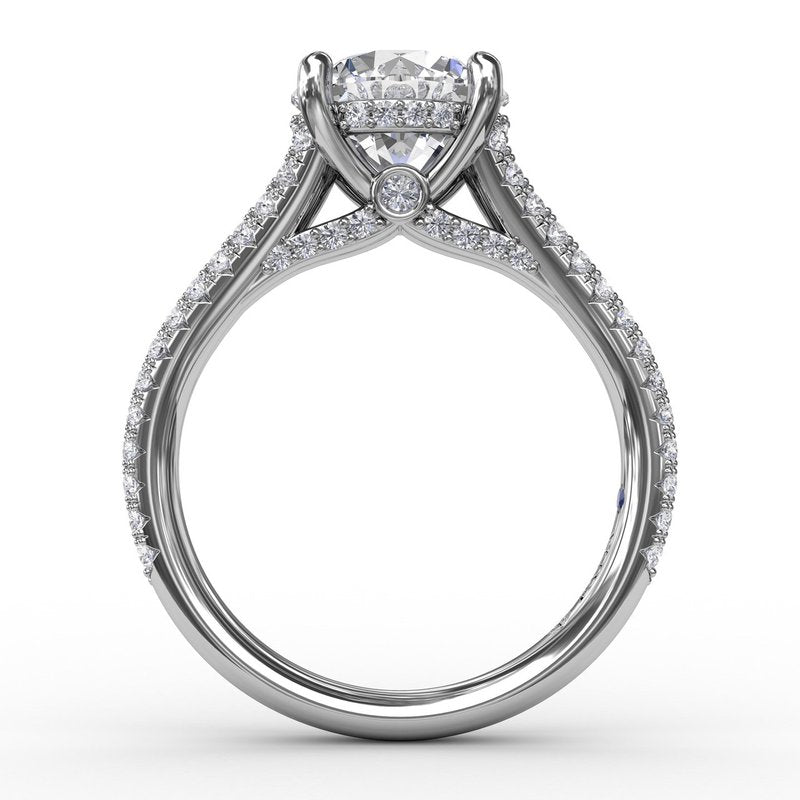 Classic Hidden Halo Round Diamond Solitaire Engagement Ring With Split-Diamond Shank