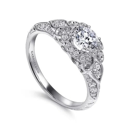 Abel - Unique 14K White Gold Vintage Inspired Diamond Halo Engagement Ring (Setting Only)