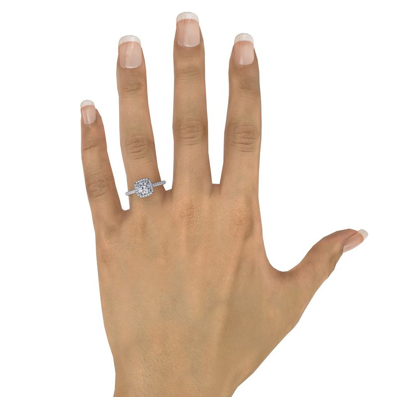 Delicate Cushion Halo Engagement Ring With Pave Shank