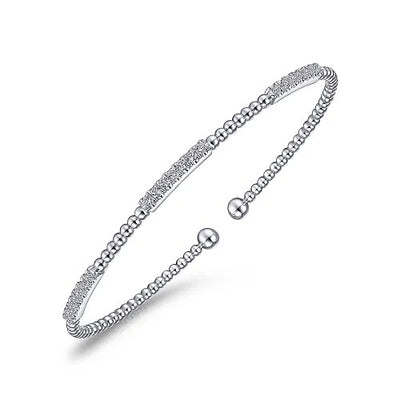 14K White Gold Bujukan Bead Cuff Bracelet with Diamond Pave Stations