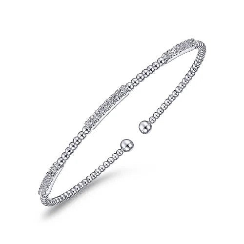 14K White Gold Bujukan Bead Cuff Bracelet with Diamond Pave Stations