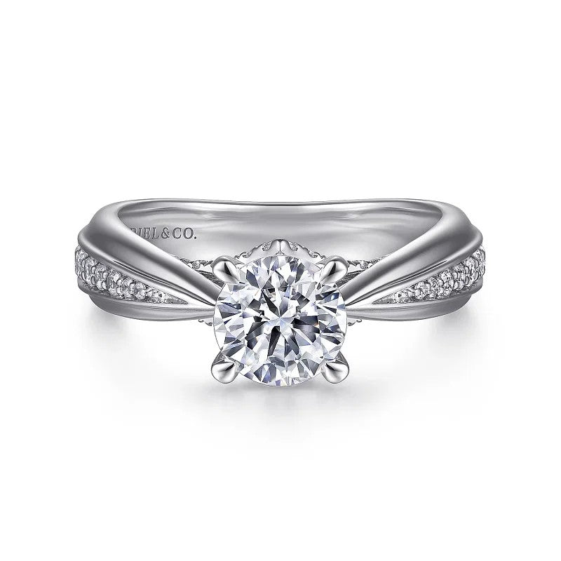 Raiza - 14K White Gold Wide Band Round Diamond Engagement Ring (Setting Only)