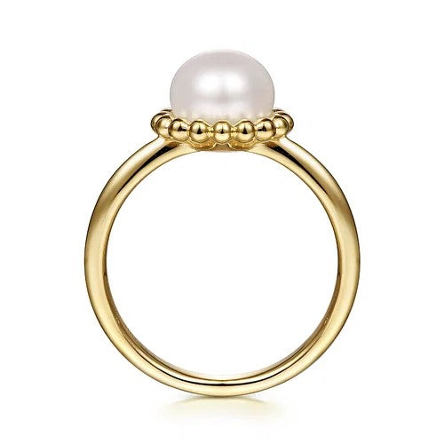 14K Yellow Gold Pearl Ring with Bujukan Beaded Halo