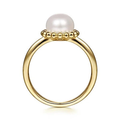 14K Yellow Gold Pearl Ring with Bujukan Beaded Halo