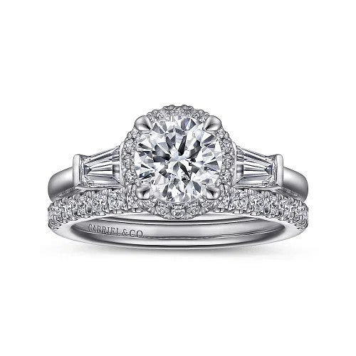 Elinor - 14K White Gold Round Three Stone Halo Diamond Engagement Ring (Setting Only)