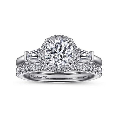 Elinor - 14K White Gold Round Three Stone Halo Diamond Engagement Ring (Setting Only)