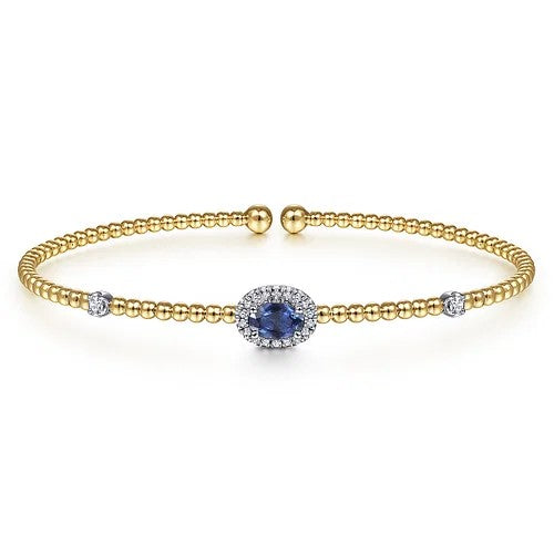 14K White-Yellow Gold Bujukan Bead Cuff Bracelet with Sapphire and Diamond Halo Station