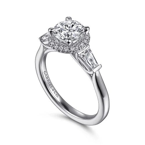 Elinor - 14K White Gold Round Three Stone Halo Diamond Engagement Ring (Setting Only)