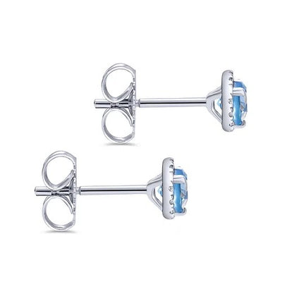 14K White Gold Diamond Halo Swiss Blue Topaz Stud Earrings