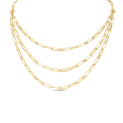 18K YELLOW DESIGNER GOLD TRIPLE STRAND PAPERCLIP CHAIN & DIAMOND NECKLACE