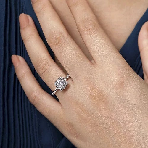 14K White Gold Cushion Halo Round Diamond Engagement Ring