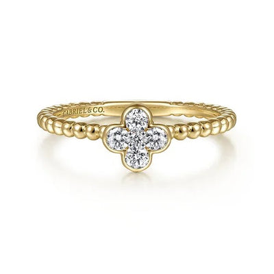 14K Yellow Gold Diamond Cluster Clover and Bujukan Bead Ring