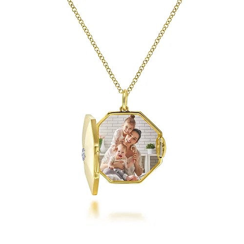 14K Yellow Gold Octagonal Locket Necklace with Diamond Star Center