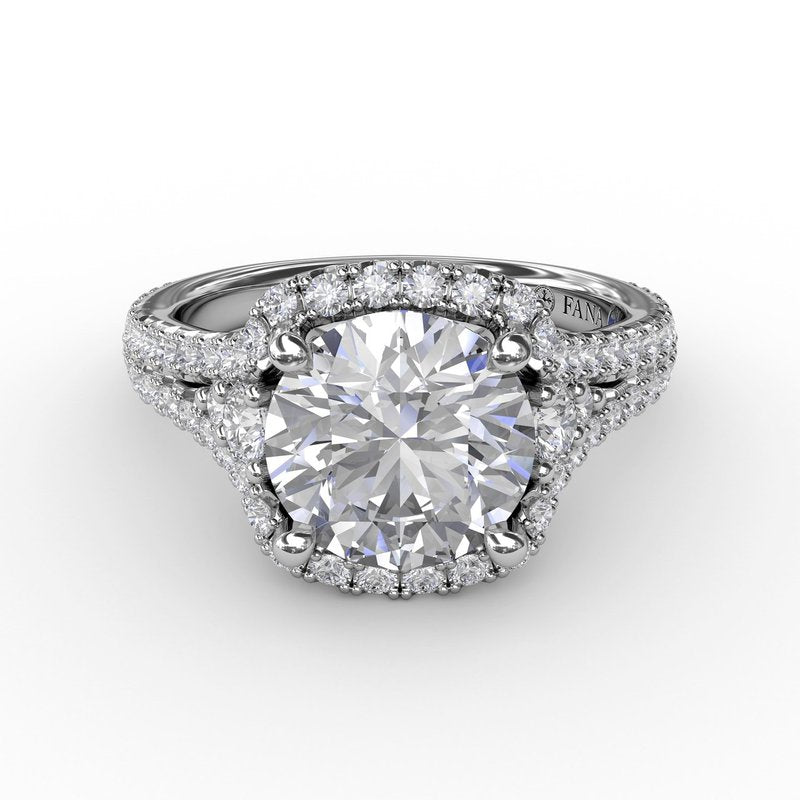 Cushion Halo Engagement Ring With Side Stones and Double-Row Diamond Band