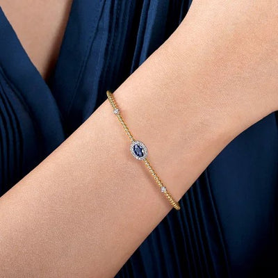 14K White-Yellow Gold Bujukan Bead Cuff Bracelet with Sapphire and Diamond Halo Station