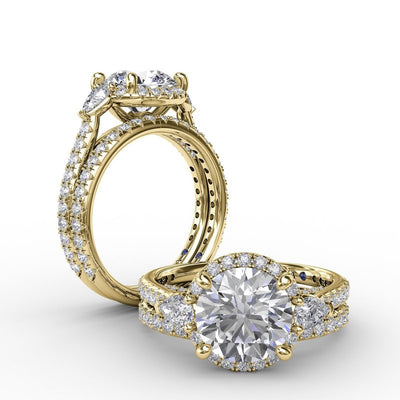 Round Diamond Halo Engagement Ring With Pear-Shape Side Stones