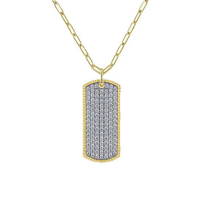 14K Yellow Gold Diamond Pave Dog Tag Pendant Hollow Chain Necklace