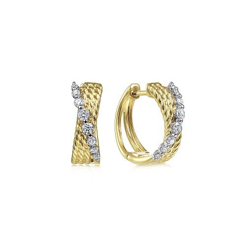 14K Yellow-White Gold Twisted 15mm Diamond Huggie Earrings