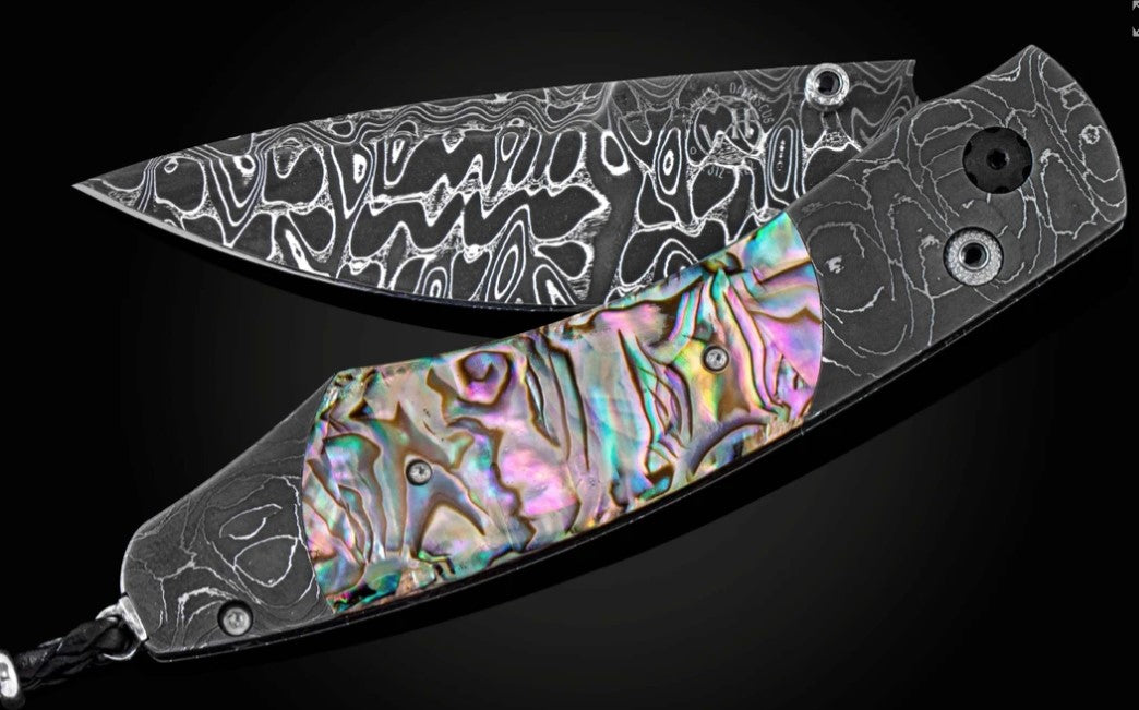 Rip Tide Folding knife with hand-forged damascus and abalone shell