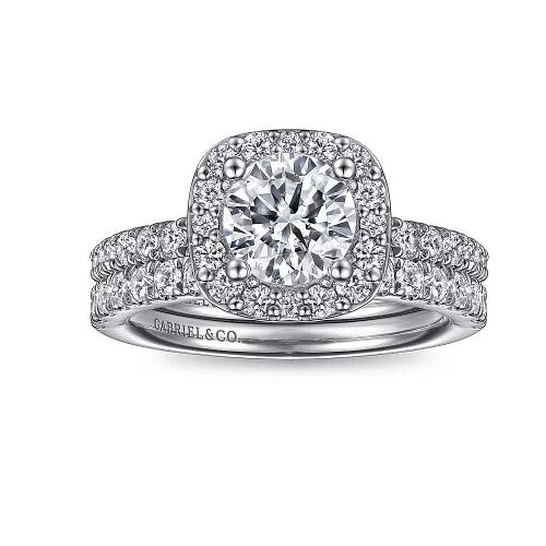 14K White Gold Cushion Halo Round Diamond Engagement Ring