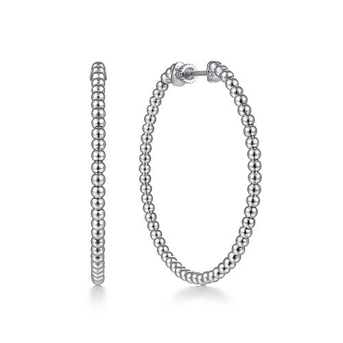 14K White Gold Beaded 40mm Round Classic Hoop Earrings