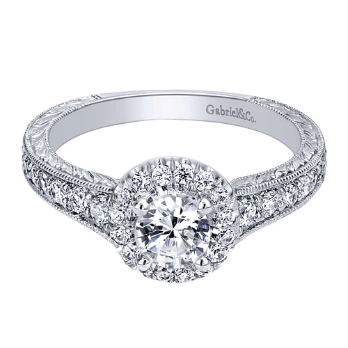 14K White Gold Round Halo Complete Diamond Engagement Ring