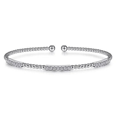 14K White Gold Bujukan Bead Cuff Bracelet with Diamond Pave Stations