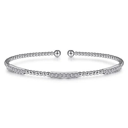 14K White Gold Bujukan Bead Cuff Bracelet with Diamond Pave Stations