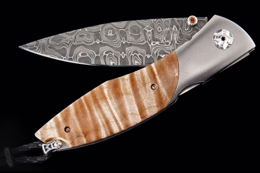 Maple Titanium pocketknife with maple burl wood and damascus blade