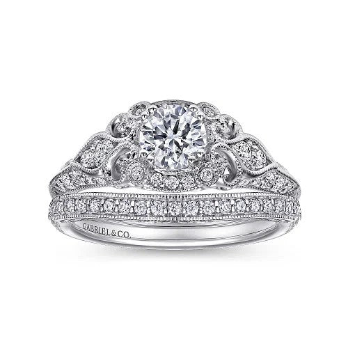 Abel - Unique 14K White Gold Vintage Inspired Diamond Halo Engagement Ring (Setting Only)