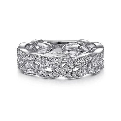 14K White Gold Braided Diamond Stackable Ring