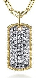 14K Yellow Gold Diamond Pave Dog Tag Pendant Hollow Chain Necklace