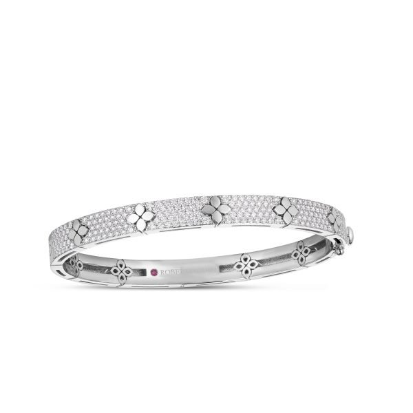 18K WHITE GOLD LOVE IN VERONA PAVE DIAMOND & POLISHED FLOWER BANGLE