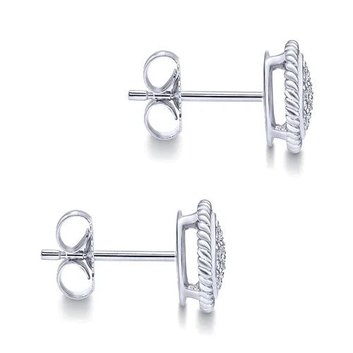 14K White Gold Round Diamond Cluster Stud Earrings with Twisted Rope Frame