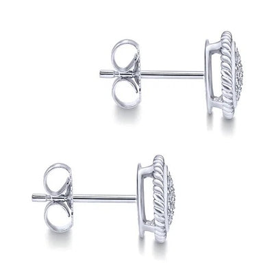 14K White Gold Round Diamond Cluster Stud Earrings with Twisted Rope Frame