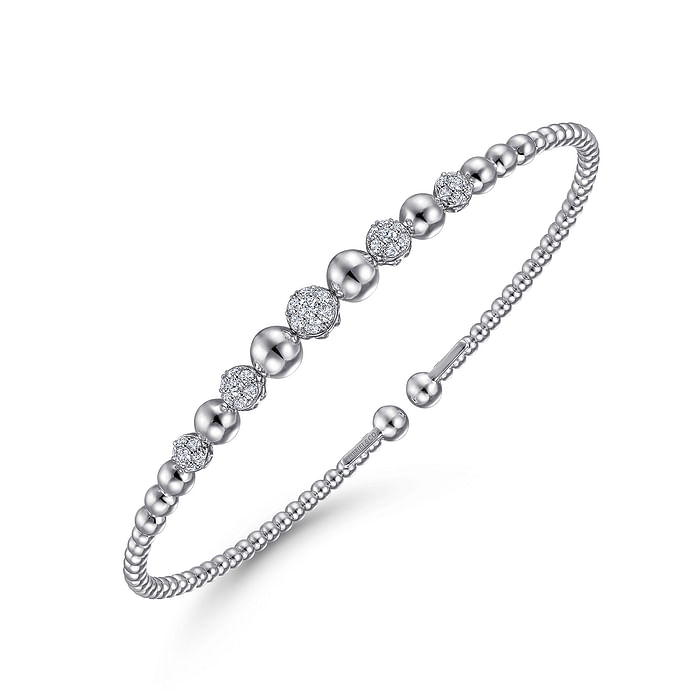 14K White Gold Bujukan Bead Cuff Bracelet with Pave Diamond Stations