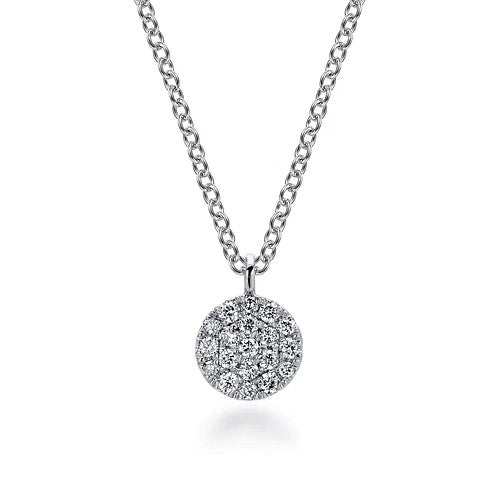 14K White Gold Round Pave Diamond Disc Pendant Necklace