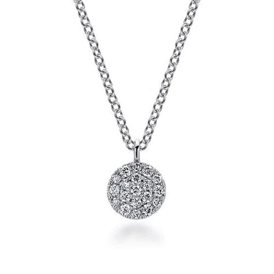 14K White Gold Round Pave Diamond Disc Pendant Necklace