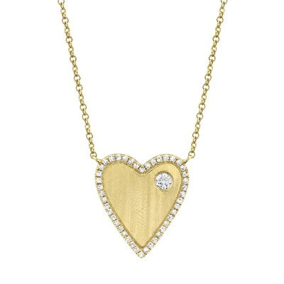 14K Yellow Gold Diamond Halo Satin Heart Necklace