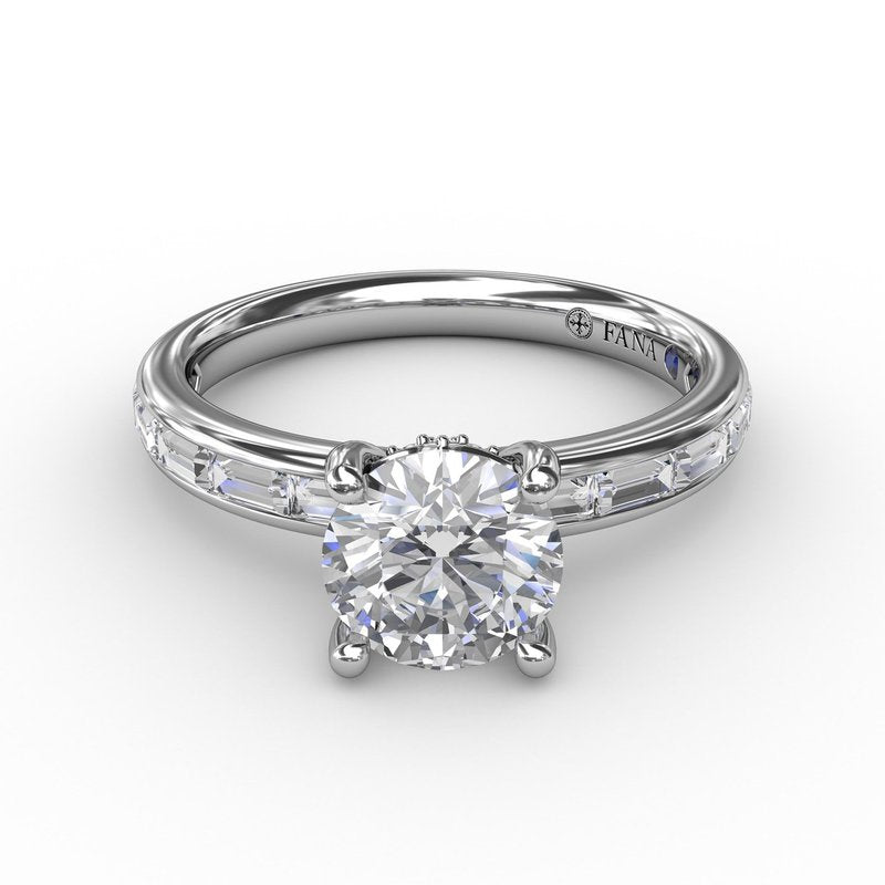 Classic Round Diamond Solitaire Engagement Ring With Baguette Diamond Shank