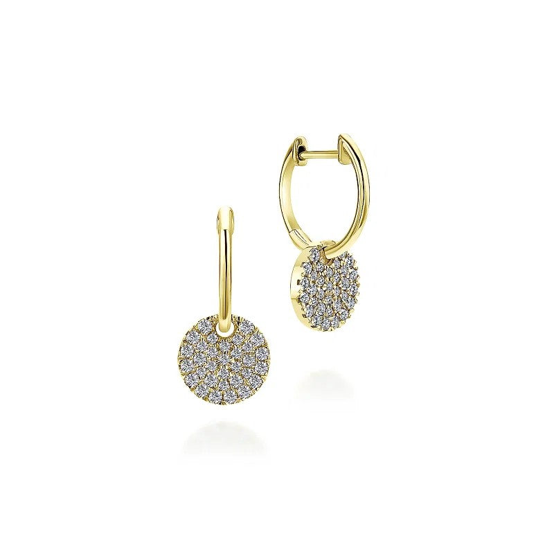 14K Yellow Gold Diamond Pave Disc Drop Earrings