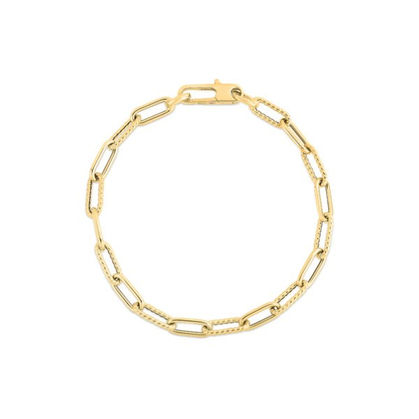 18K YELLOW DESIGNER GOLD ALTERNATING POLISHED AND FLUTED PAPERCLIP LINK BRACELET