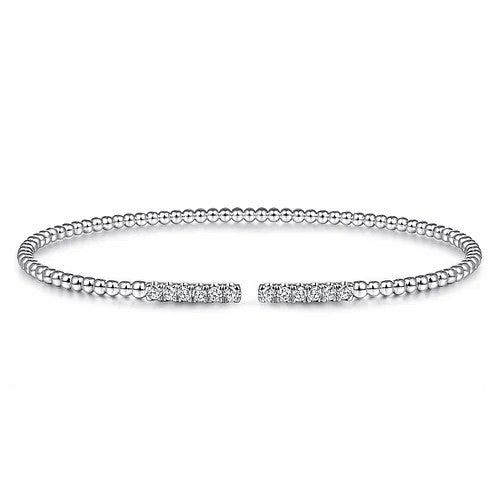 14K White Gold Bujukan Bead Cuff Bracelet with Diamond Pave Bars