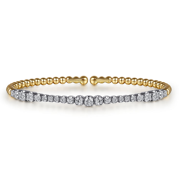 14K White Yellow Gold Bujukan Beads and Graduating Diamond Split Bangle Bracelet