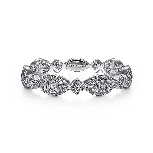 14K White Gold Marquise Station Pave Diamond Stackable Ring