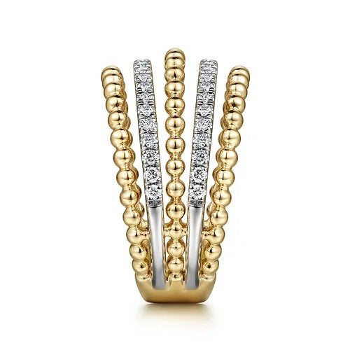 14K Yellow Gold Multi Row Bujukan Beads and Diamond Easy Stackable Ring