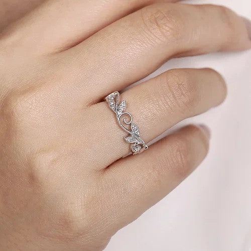 14K White Gold Scrolling Floral Diamond Stackable Ring