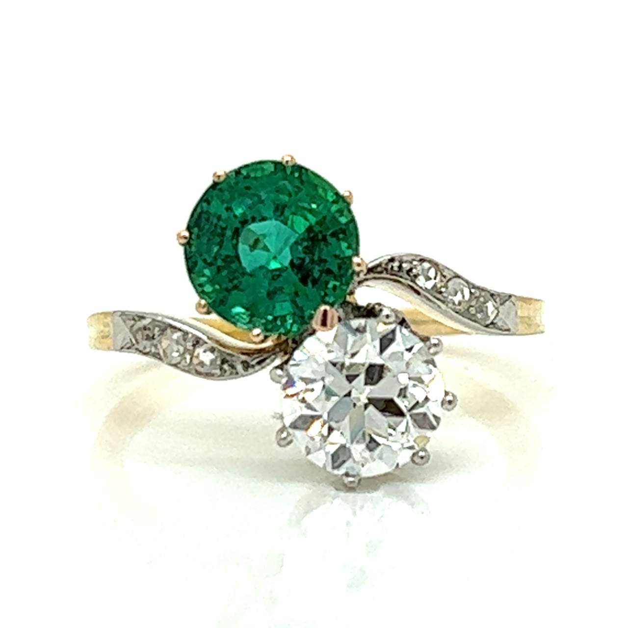 Victorian 18kt Yellow Gold and Platinum Bypass Ring with Round Diamonds and Round Emeralds